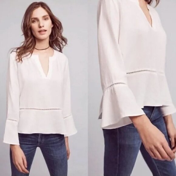 Cloth & Stone White Bell Sleeve Ladder Lace Inset Boho V-Neck Blouse Size M - Picture 2 of 10